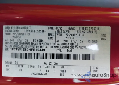 2022 Ford F-150 Xlt z USA, uszkodzony, nr VIN 1FTFW1E80NFB10449